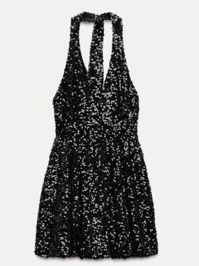 Zara Women Mini Dress XS Black Sequin Halter Party Cocktail 9808/574 NWT